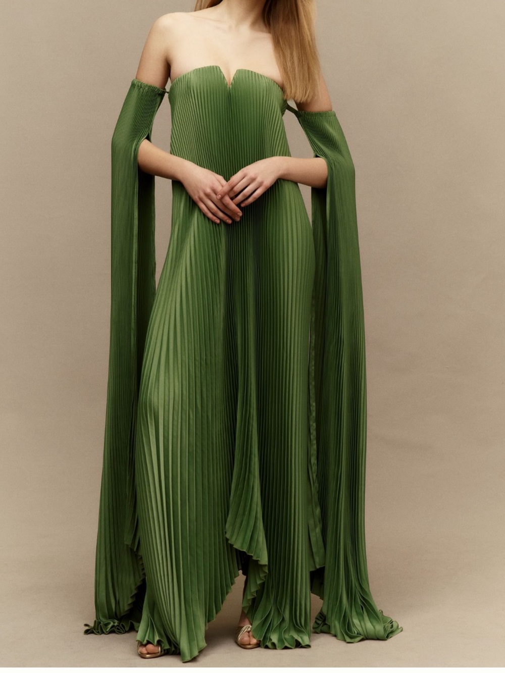 Olive Green Maxi Dress - Strapless Pleated Gown - Picture 2 of 2